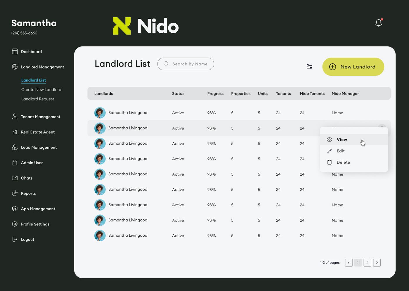 Admin: Landlord list view