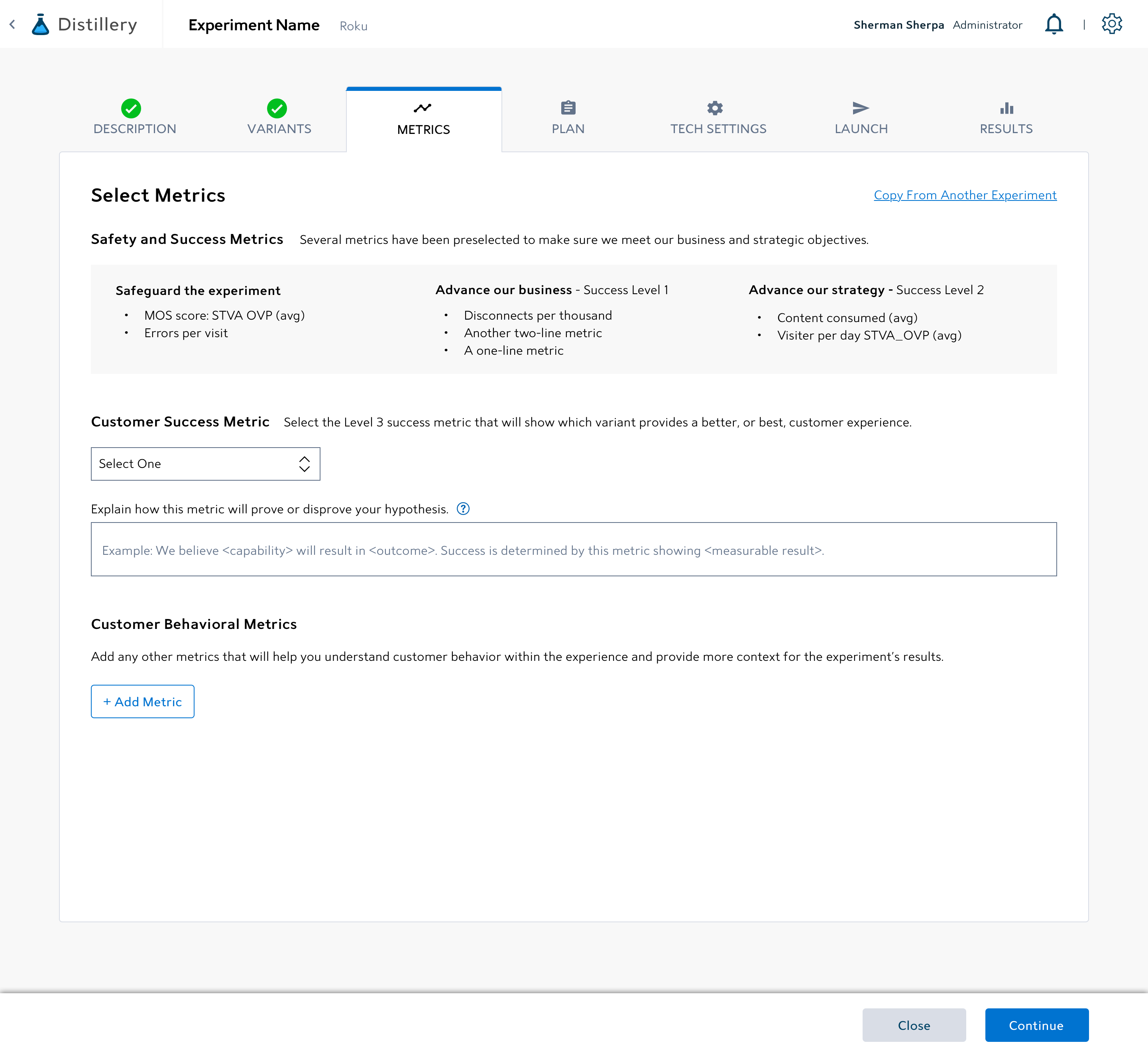 Metrics step — primary, secondary, and guardrail metrics