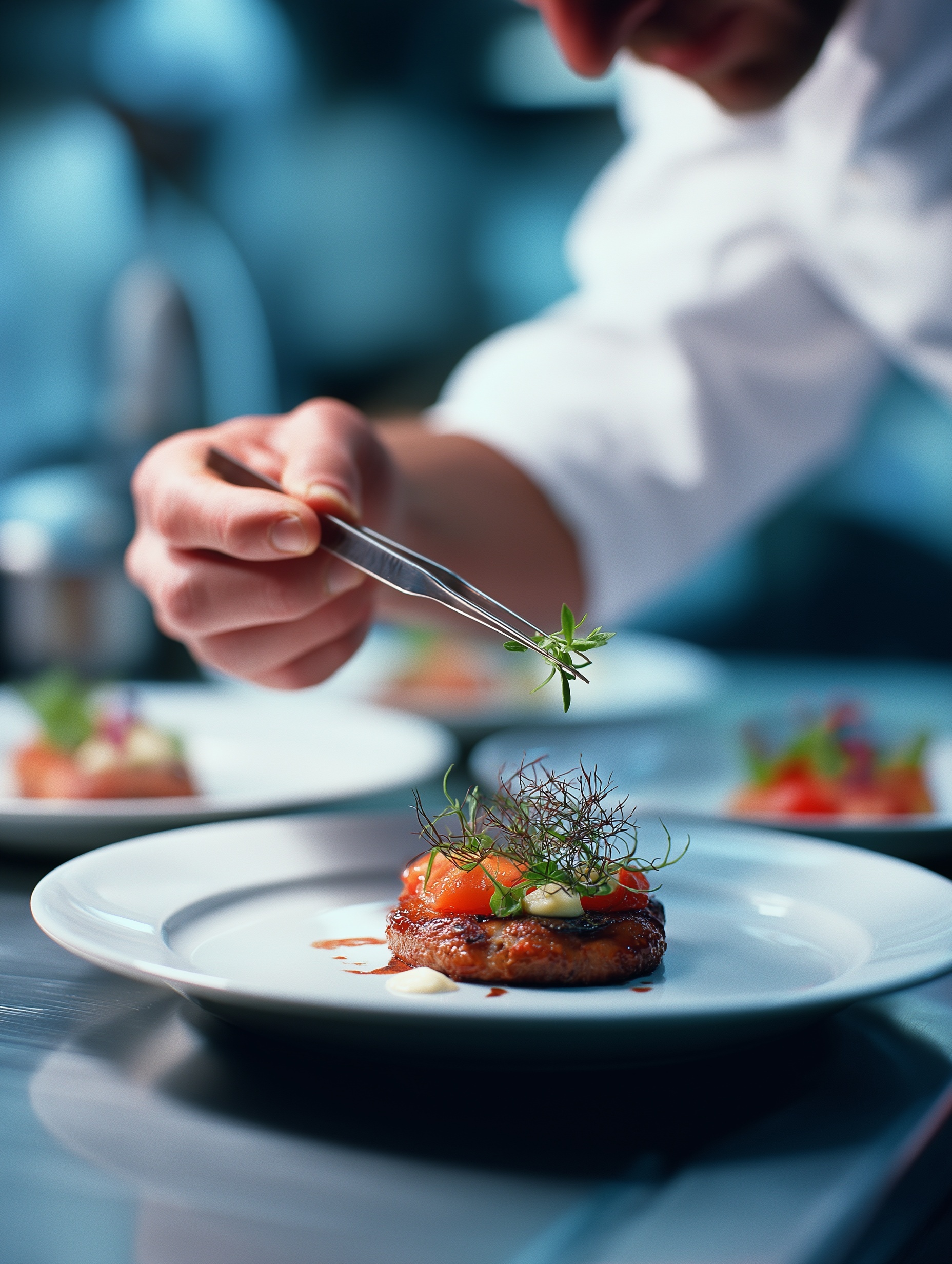 Chef Marcus finishing a small plate with tweezers.