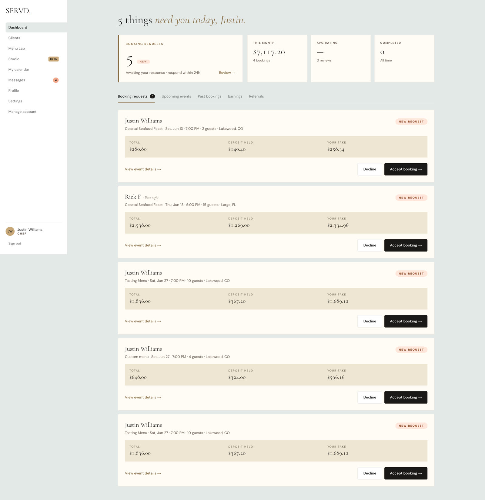 Servd chef dashboard — tonight's bookings, auto-built punch list, payout pulse.