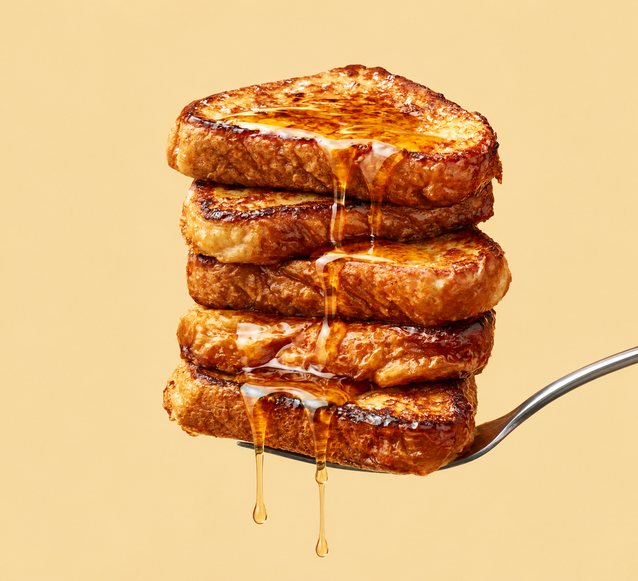 A stack of golden-brown french toast slices dripping with maple syrup.