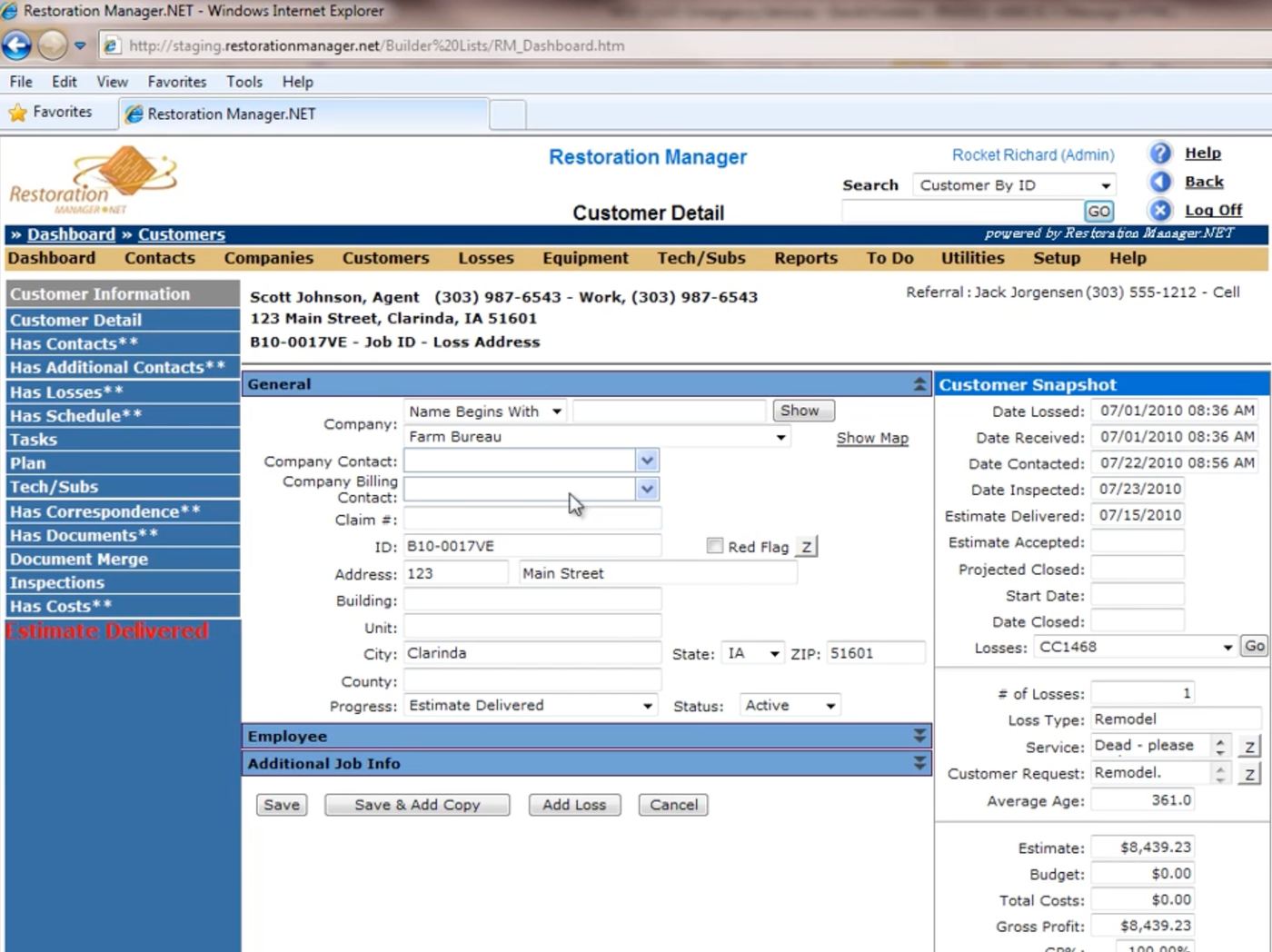 The legacy Restoration Manager.NET dashboard, an early-2010s web interface running in Internet Explorer.
