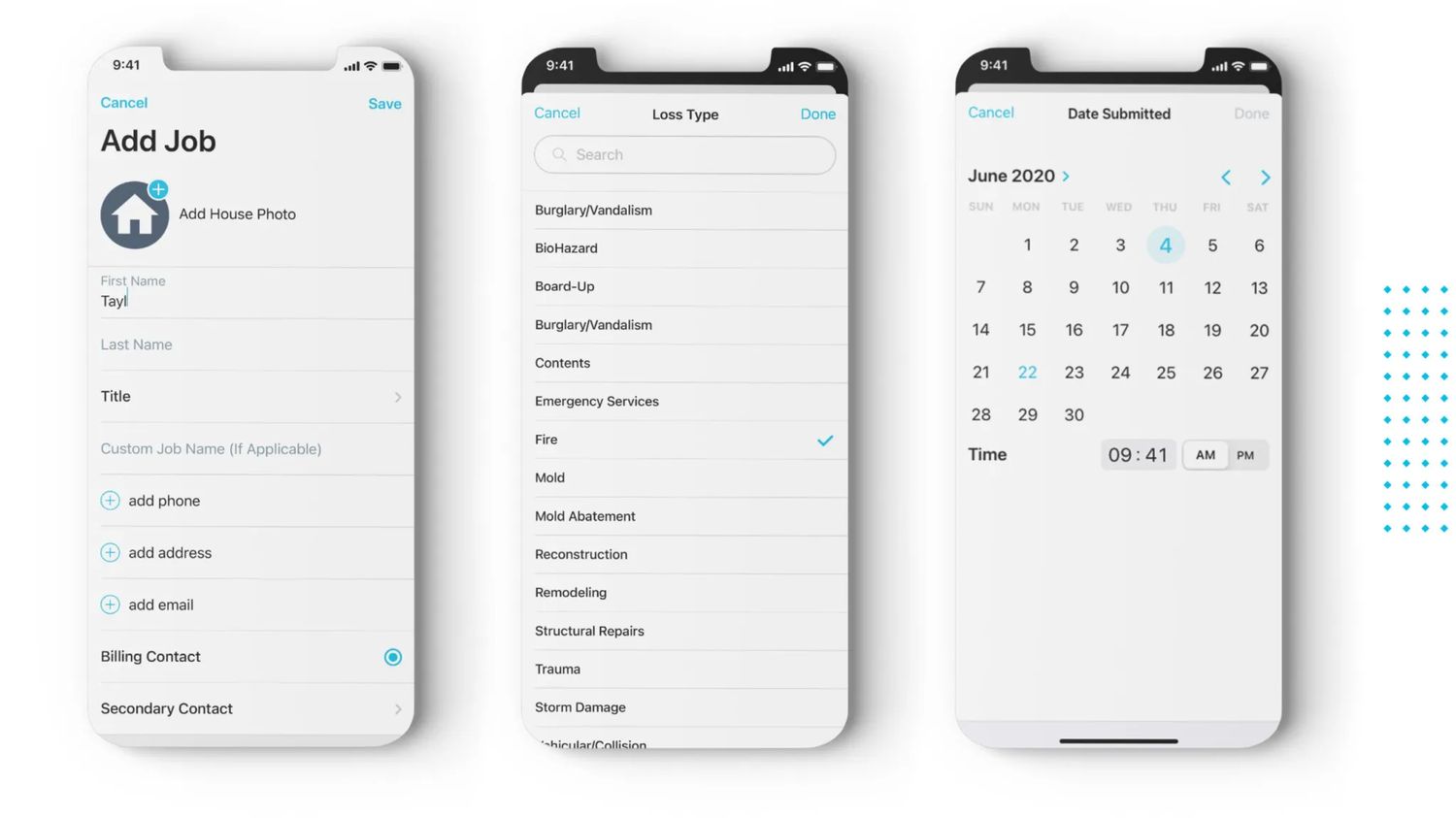 Three iPhone screens: Add Job form, Loss Type picker, and Date Submitted calendar.