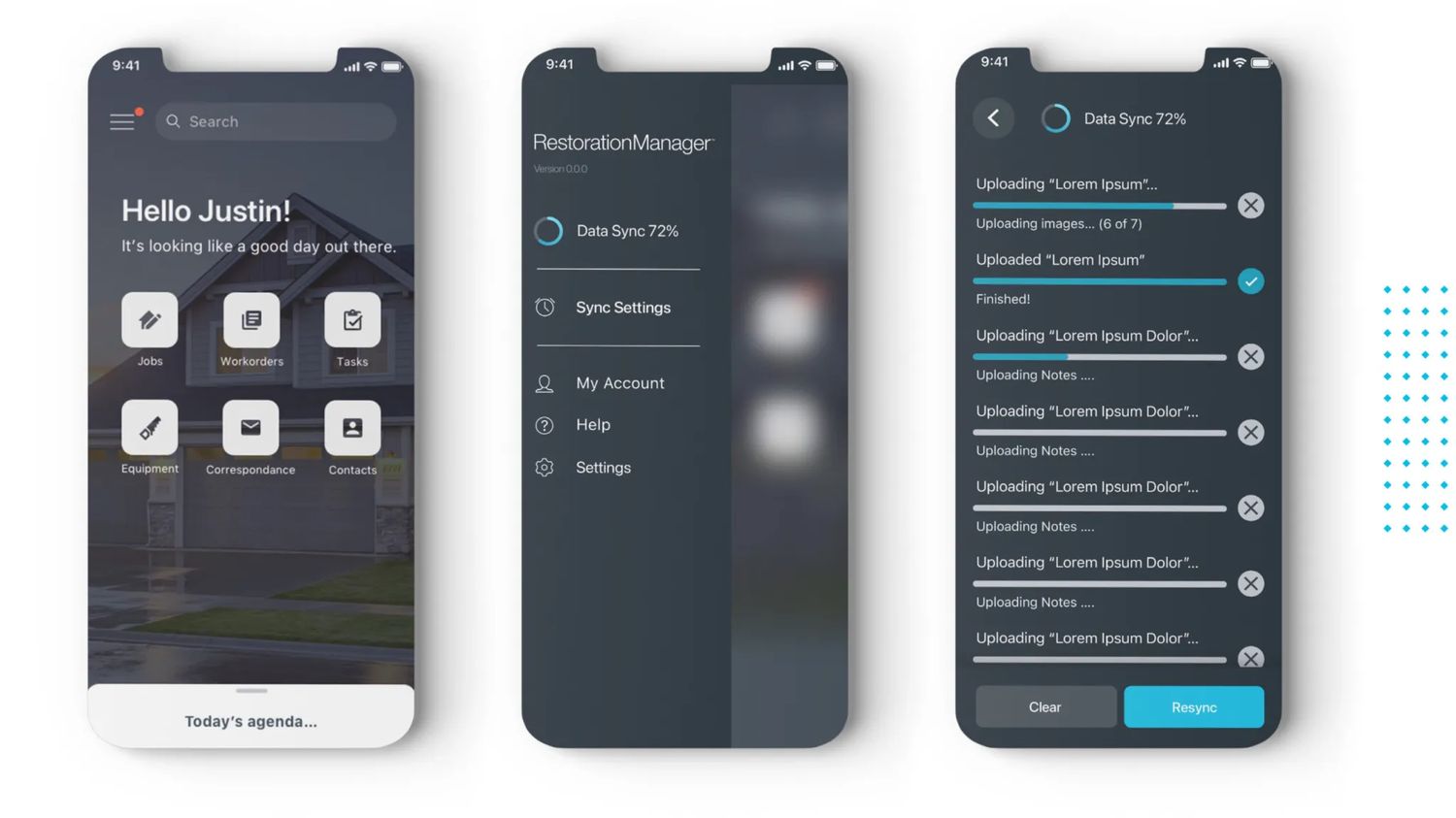Three iPhone screens: Hello Justin home dashboard, RestorationManager menu, and Data Sync 72%.