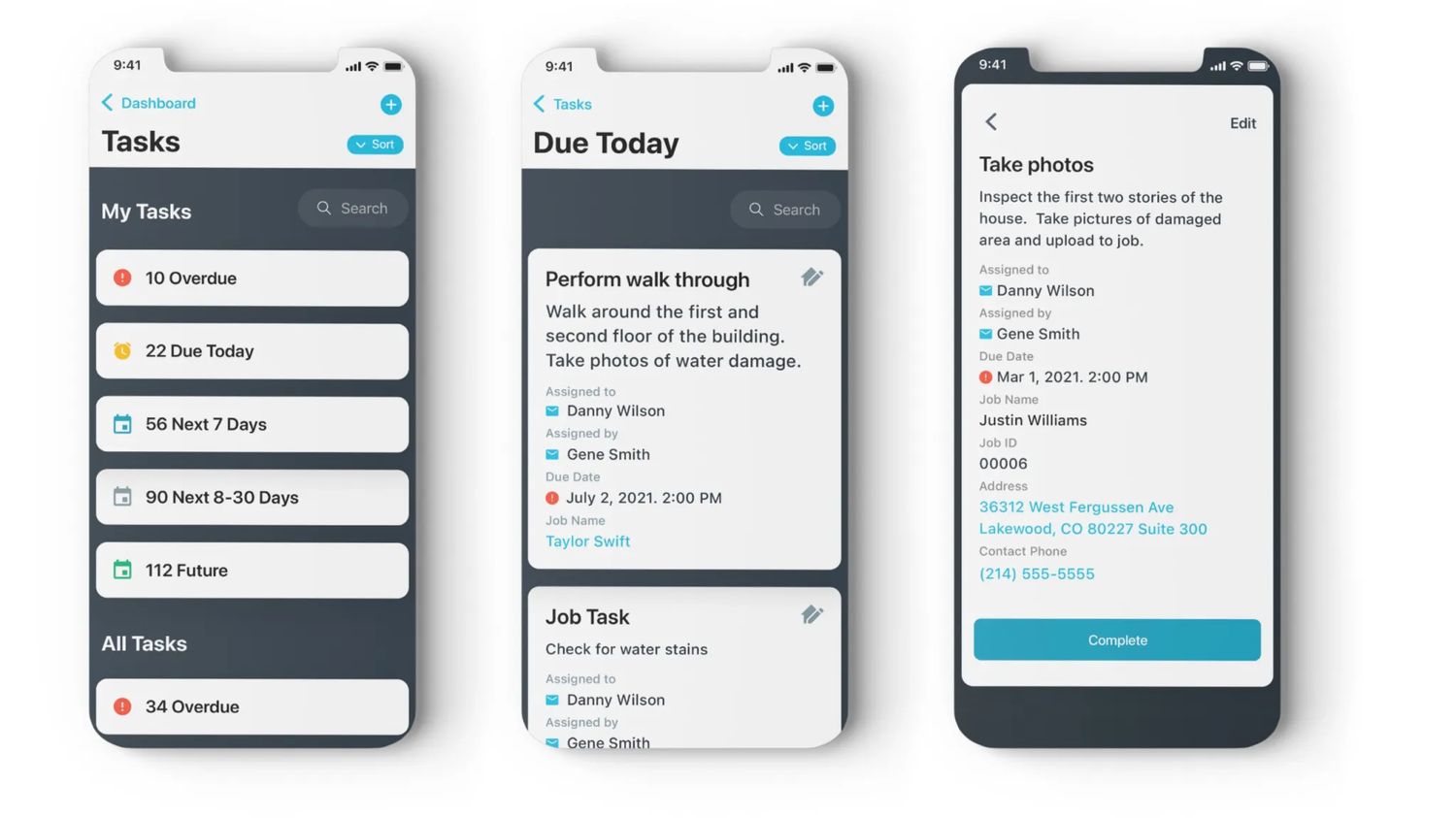 Three iPhone screens: Tasks bucketed by Overdue / Due Today / Next 7 Days, a Due Today task list, and a single task detail.