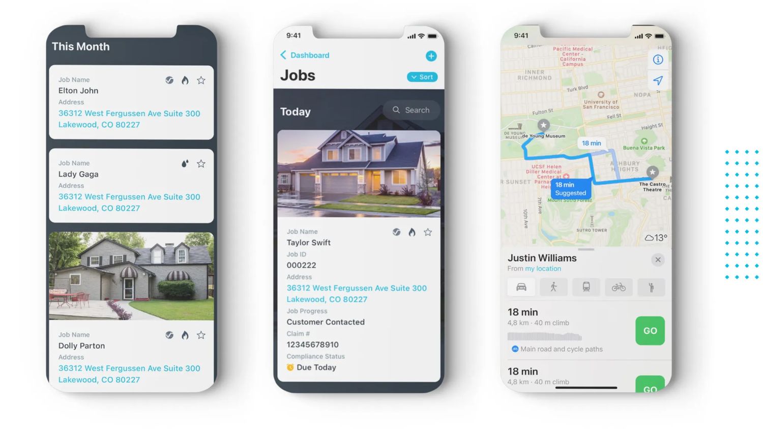 Three iPhone screens: This Month list, Today's jobs, and turn-by-turn directions.