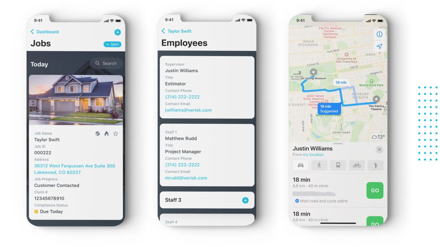 Three iPhone screens: Today's job with house photo, Employees on the job, and turn-by-turn navigation.